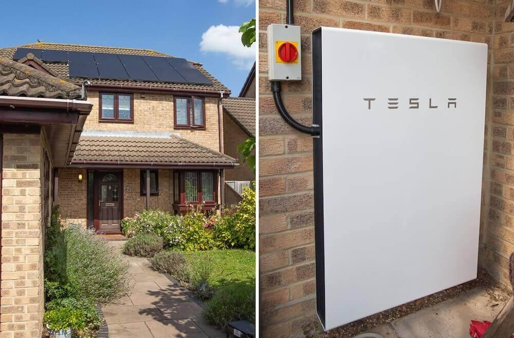 External shot of home with solar panels and a Tesla Powerwall 3 installation